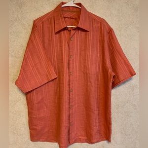 Tommy Bahama Short Sleeve Mens Hawaiian Shirt Orangish Color 100% Linen (Large)